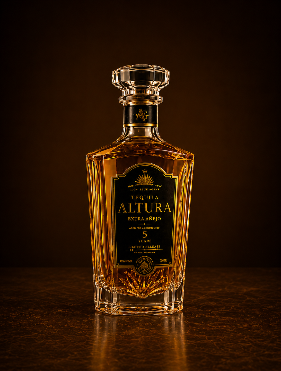 Altura Extra Añejo tequila bottle with crystal stopper